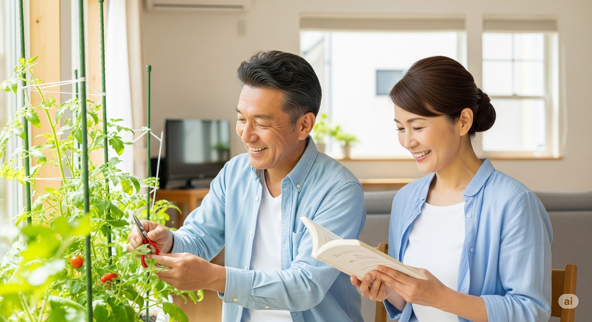 室内で家庭菜園を楽しむ50代の日本人夫婦が笑顔で過ごしている様子