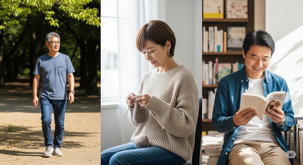 ウォーキング・編み物・読書などを楽しむ50代の男女を3分割で紹介した趣味イメージ画像
