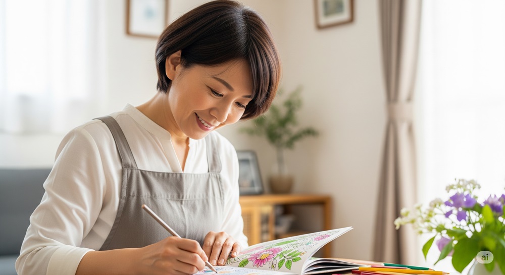 自宅で大人の塗り絵に集中して取り組む50代女性の笑顔の様子