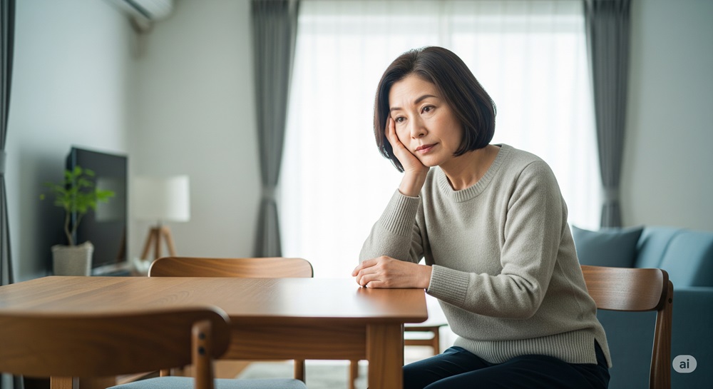 考え事をしながら憂鬱な表情を浮かべる50代女性の室内シーン