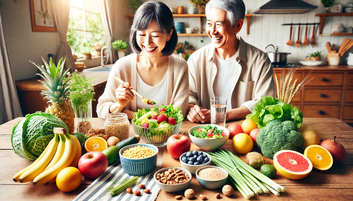 50代の男女がキッチンで新鮮な野菜や果物を使った健康的な食事を楽しんでいるシーン。彩り豊かなサラダやフルーツがテーブルに並び、笑顔で食事をする様子が描かれている。バランスの取れた食事と健康的なライフスタイルを象徴する画像。