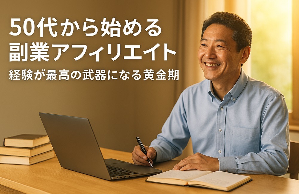 50代の日本人男性がノートパソコンとノートを前に微笑み、経験を活かして副業アフィリエイトを始める様子