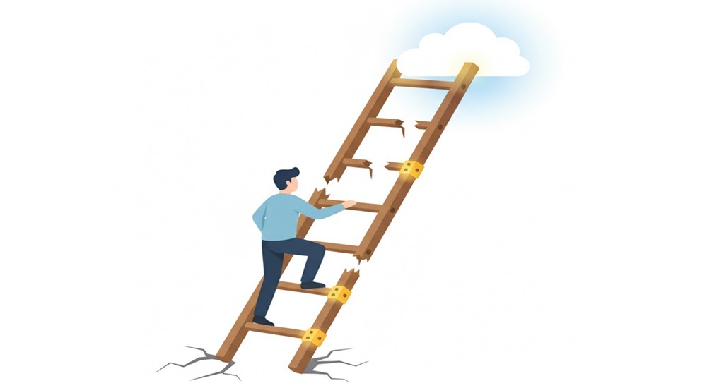 壊れたはしごを登ろうとする人物のイラスト。挫折や失敗から再挑戦する姿を象徴している