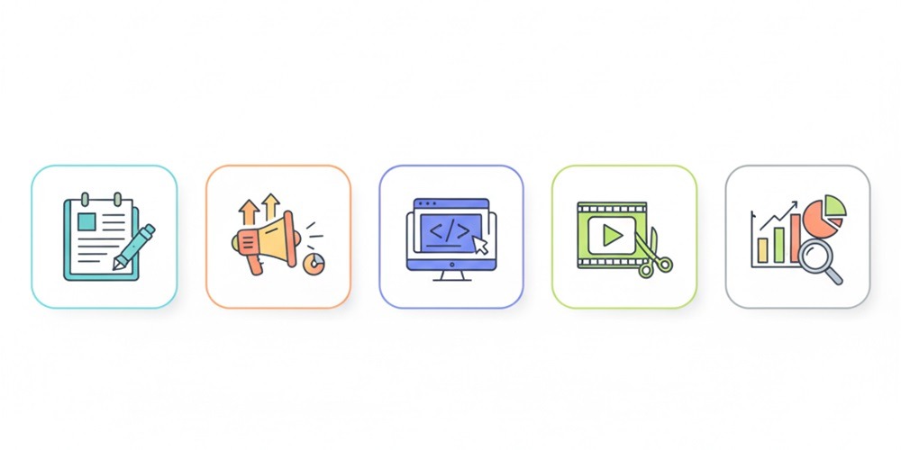 Webライティング、マーケティング、プログラミング、動画編集、データ分析を象徴する5つのアイコンイラスト