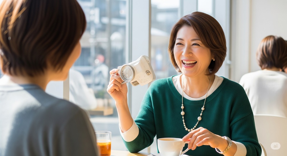 趣味の話で笑顔が弾けるカフェでの50代女性の会話シーン