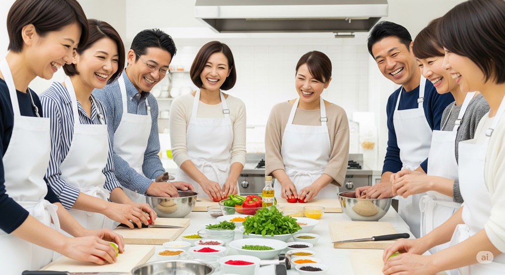 カラフルな食材と一緒に料理を楽しむ中年の男女グループ