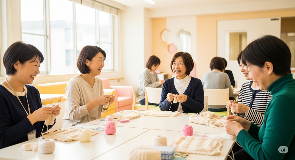 編み物を楽しむ50代女性たちのサークル活動風景