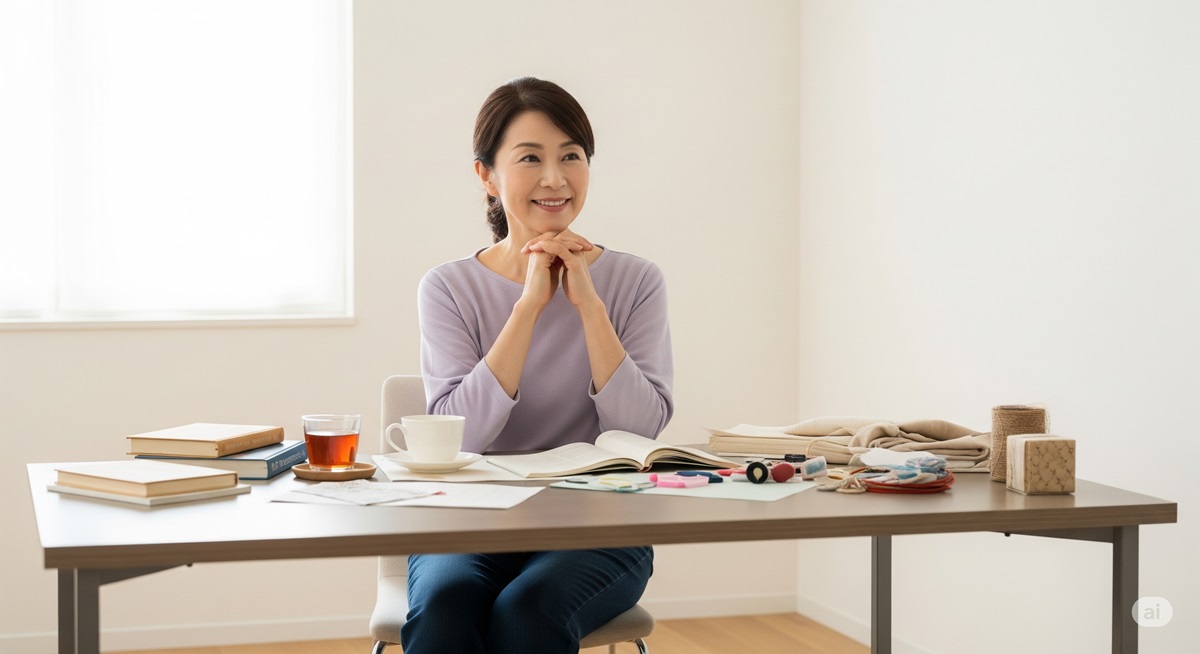 趣味について考えている50代女性の穏やかなひととき