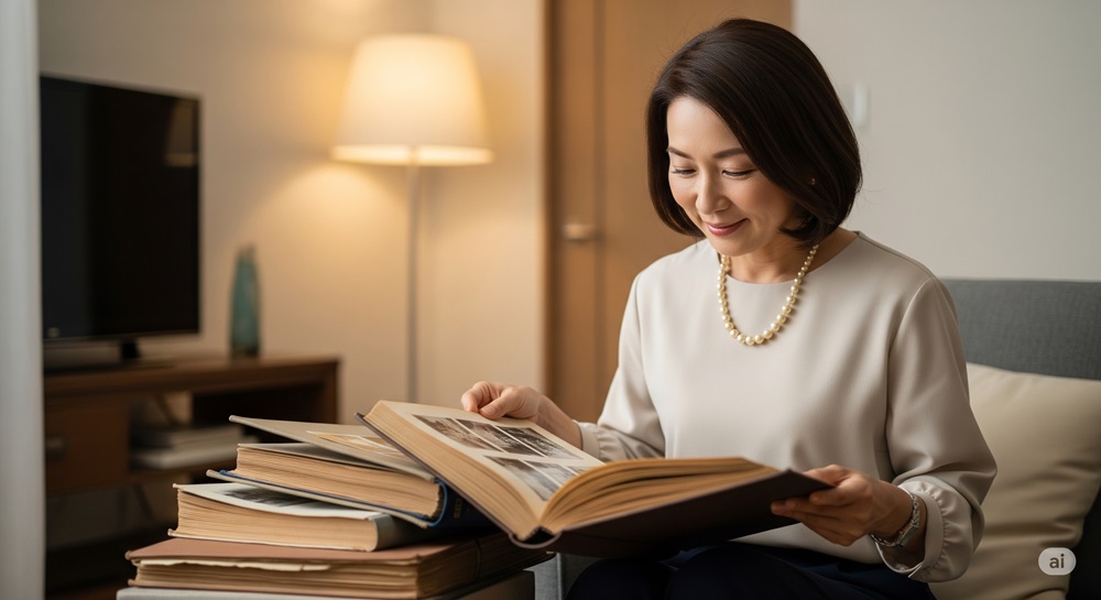 50代女性が懐かしそうに昔のアルバムを見て微笑んでいる様子