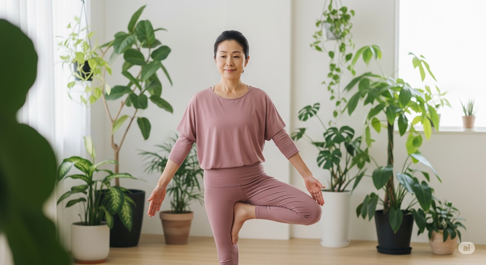植物に囲まれながらヨガを楽しむ50代女性