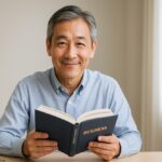 50代の日本人男性が明るい部屋でビジネス書を読みながら学ぶ様子。知的で信頼感のある雰囲気