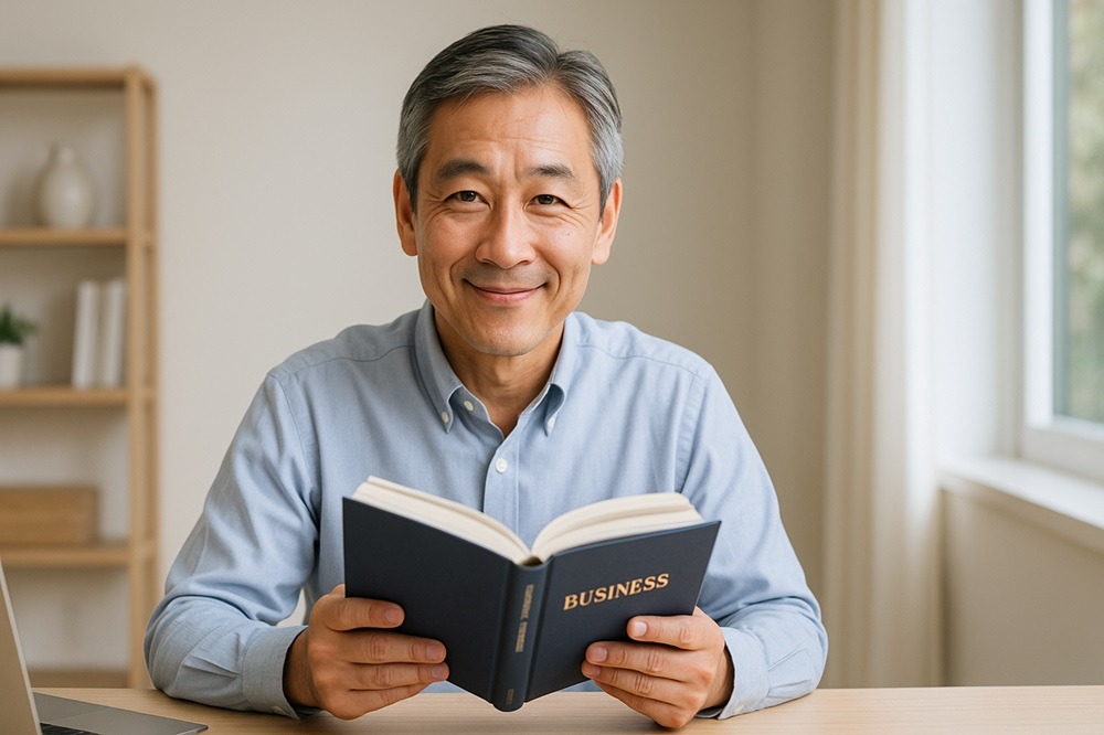 50代の日本人男性が明るい部屋でビジネス書を読みながら学ぶ様子。知的で信頼感のある雰囲気