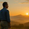 朝日を見つめる50代の男性。新しい一日と人生の希望を感じる穏やかな瞬間。