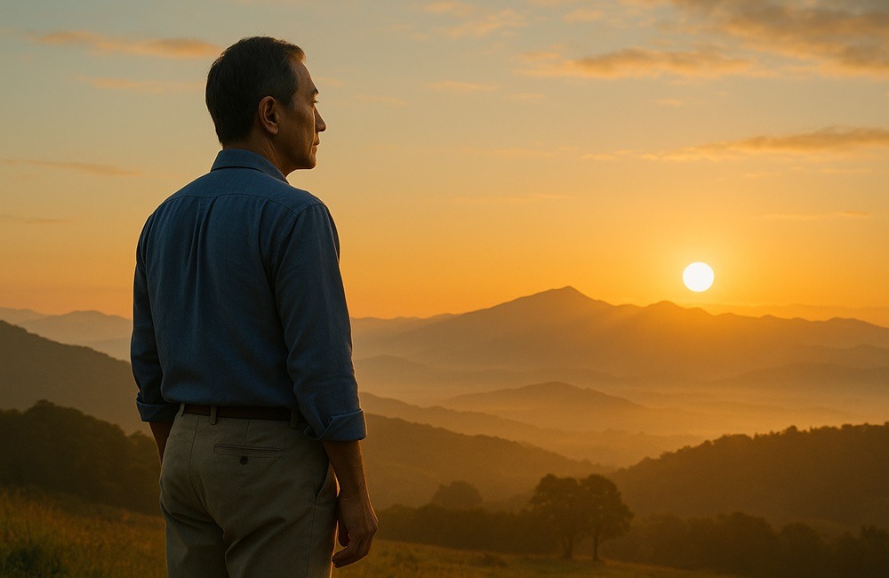 朝日を見つめる50代の男性。新しい一日と人生の希望を感じる穏やかな瞬間。