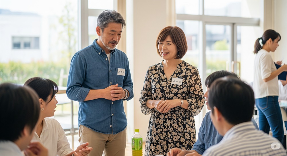地域の交流会に参加し、笑顔で会話を始める50代の日本人男女。新たな友人関係のスタートを感じさせるシーン