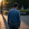 50代の日本人男性が夕暮れの公園を背を向けて歩く姿。孤独や人生の転機を象徴する場面。