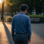 50代の日本人男性が夕暮れの公園を背を向けて歩く姿。孤独や人生の転機を象徴する場面。