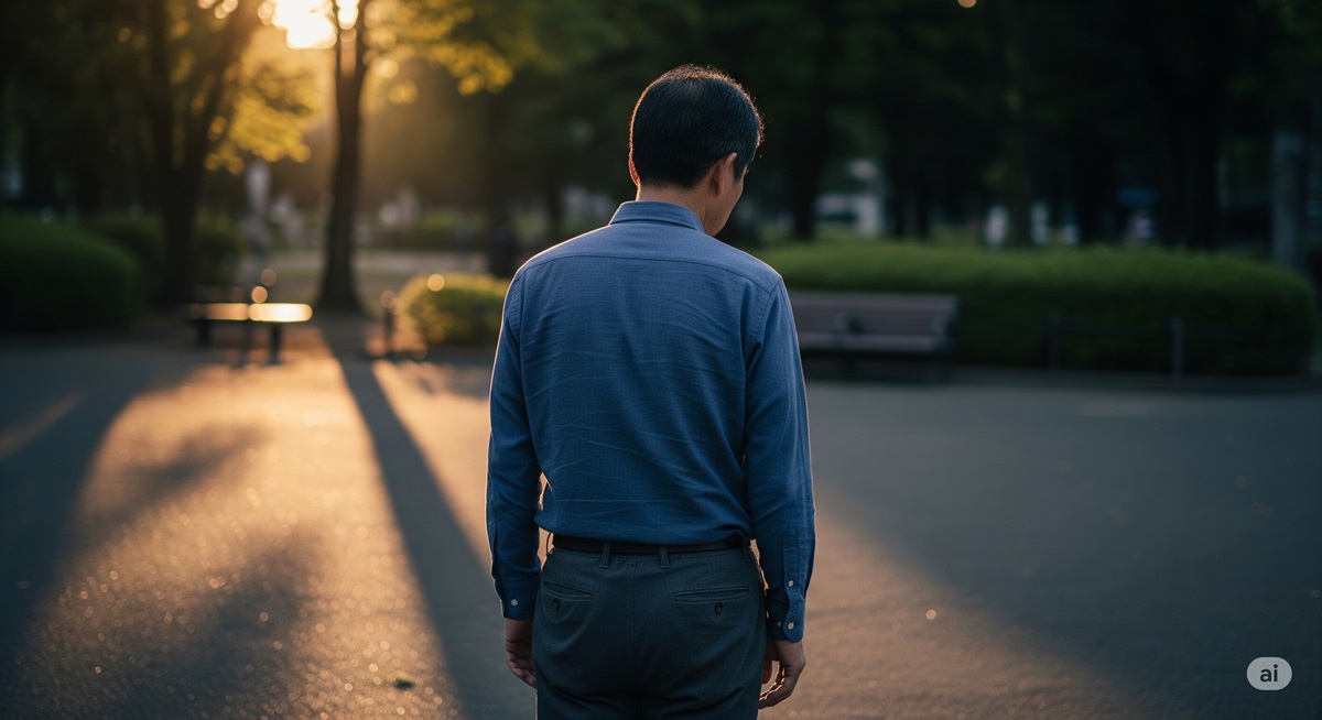 50代の日本人男性が夕暮れの公園を背を向けて歩く姿。孤独や人生の転機を象徴する場面。