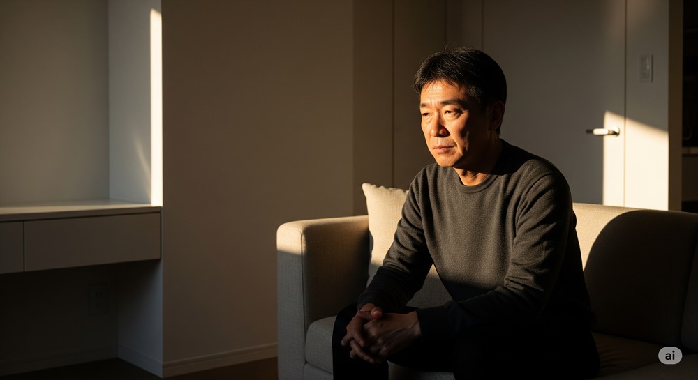夕陽に照らされながら静かに考え込む50代の日本人男性。孤独や人生の不安を感じさせる室内のシーン。