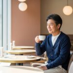 カフェでコーヒーを楽しむ、穏やかな表情の50代男性。