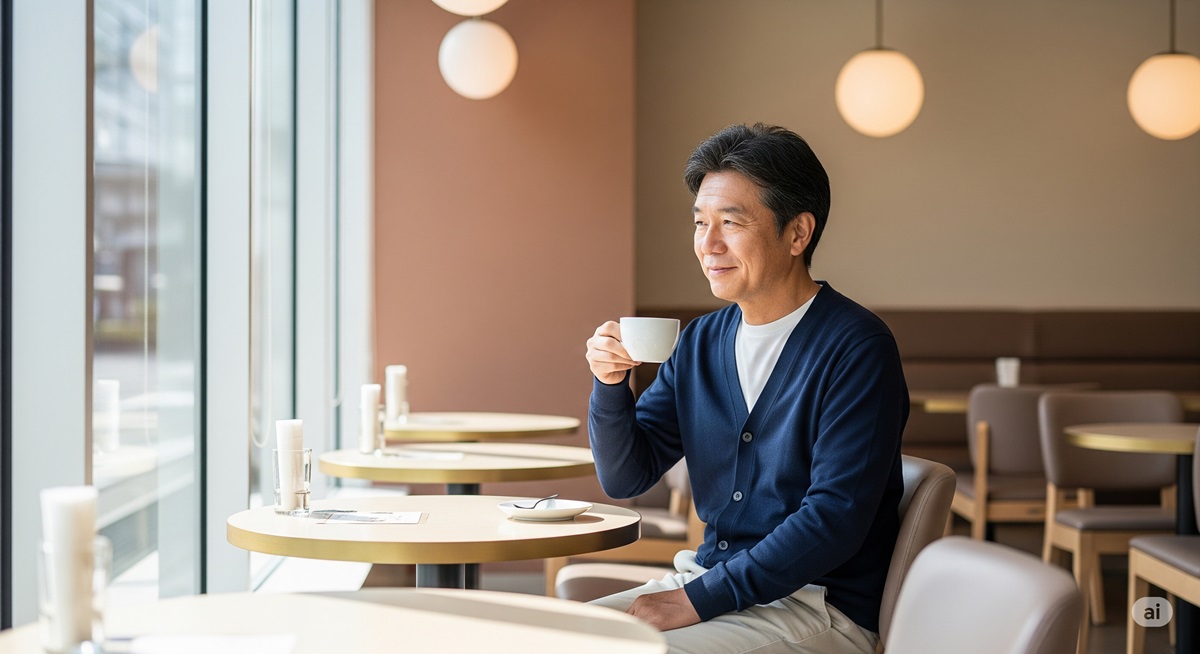 カフェでコーヒーを楽しむ、穏やかな表情の50代男性。
