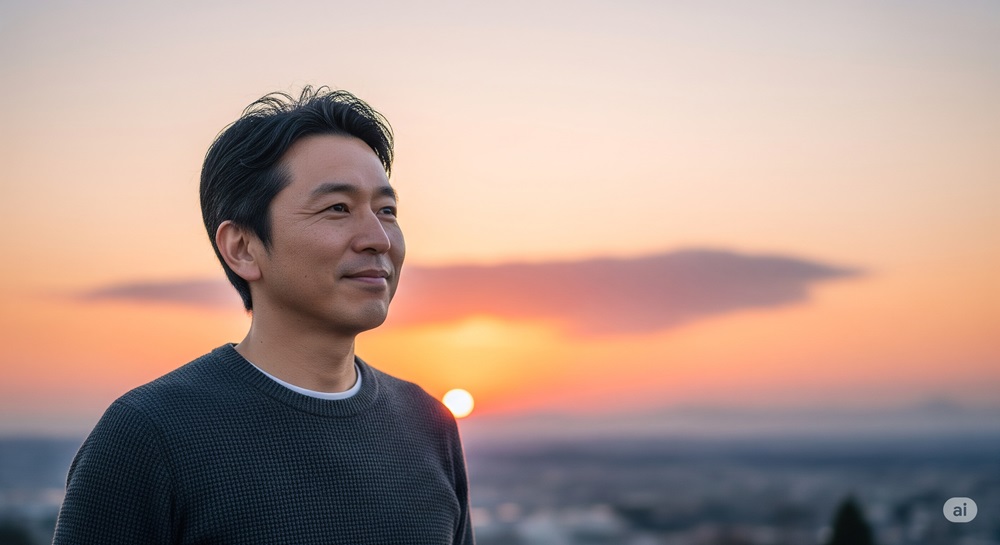 夕焼け空を背景に、希望に満ちた表情で前を見つめる50代男性。