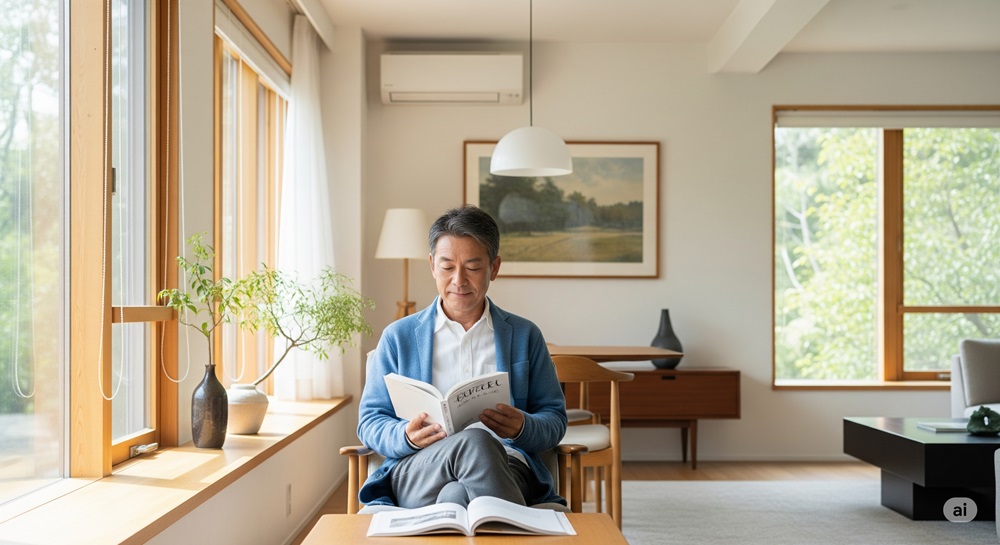 リビングで読書を楽しむ50代男性の穏やかな時間。