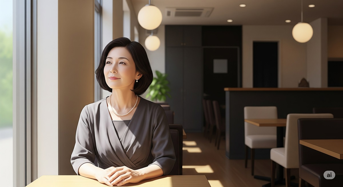 カフェの窓際で静かに物思いにふける50代の日本人女性。友人との関係の変化に心を巡らせている様子