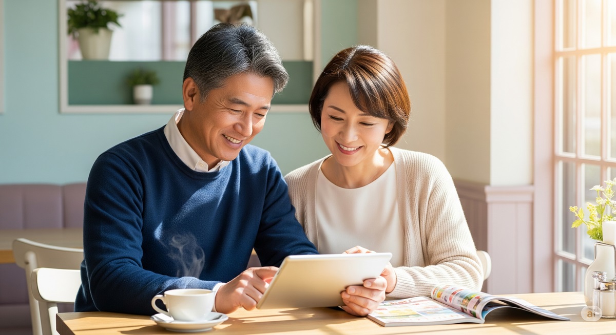 50代の日本人男女がカフェでタブレットや雑誌を見ながら趣味について話し合っている様子。新しい趣味を始める前向きな雰囲気。