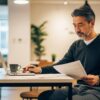 50代の日本人男性がキャリアチェンジに向けて、ノートパソコンと資料を確認しながら前向きに働いている様子。