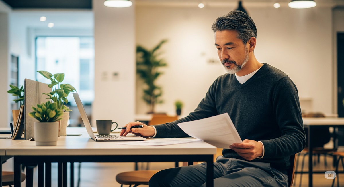 50代の日本人男性がキャリアチェンジに向けて、ノートパソコンと資料を確認しながら前向きに働いている様子。