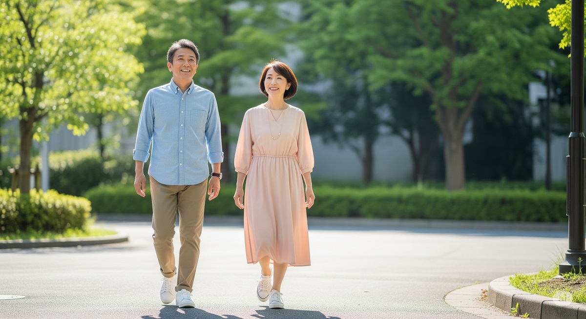 晴れた日、50代の日本人男女が笑顔で並んで歩いている様子。明るい街中での自然な一歩が、前向きな人生のスタートを象徴している。