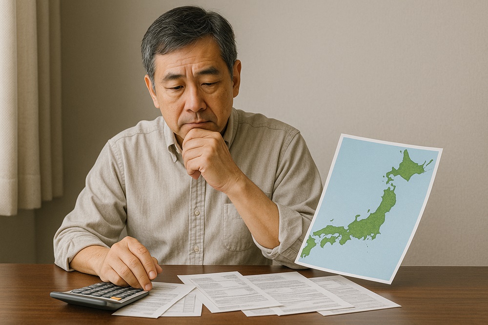 日本地図と移住関連の書類を広げながら、地方移住に向けた資金計画を真剣に立てている50代男性の様子