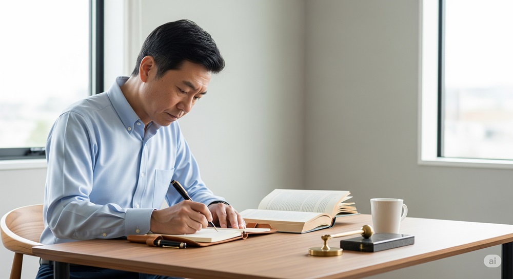 読書ノートに感想を記録している50代の日本人男性。デスクの上には開いた本とコーヒーカップがあり、集中した表情でアウトプットに取り組んでいる様子。