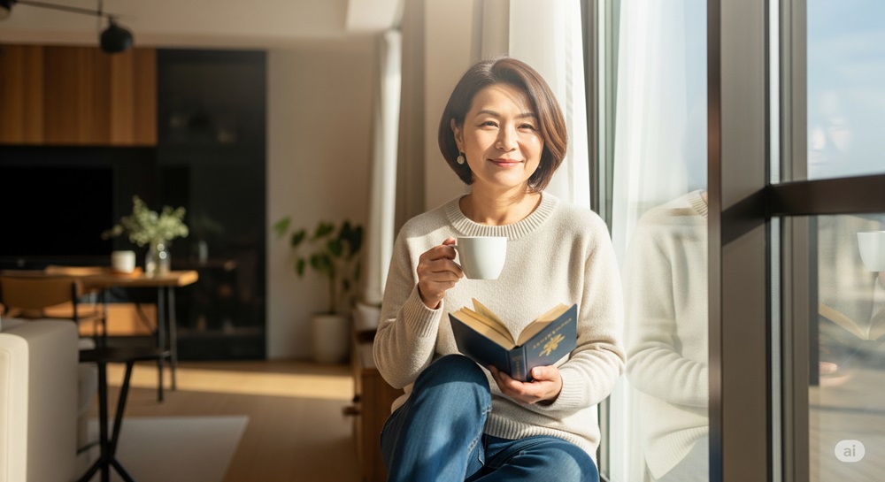 窓辺でコーヒーを片手に読書を楽しむ50代の日本人女性。自然光に包まれたリラックスした雰囲気の中で、穏やかな時間を過ごしている様子。