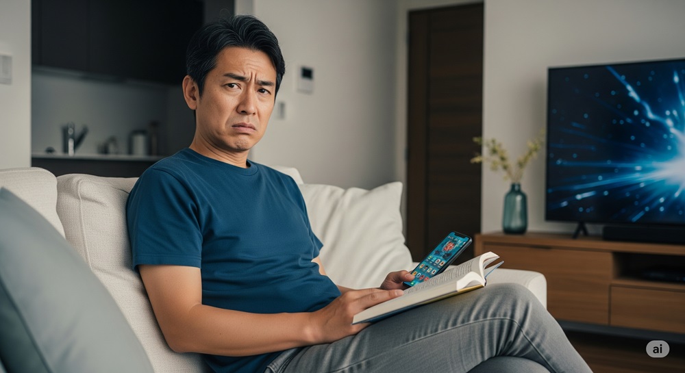 ソファに座って本を開きながらも、スマートフォンとテレビに気を取られて読書に集中できず困惑している50代の日本人男性。