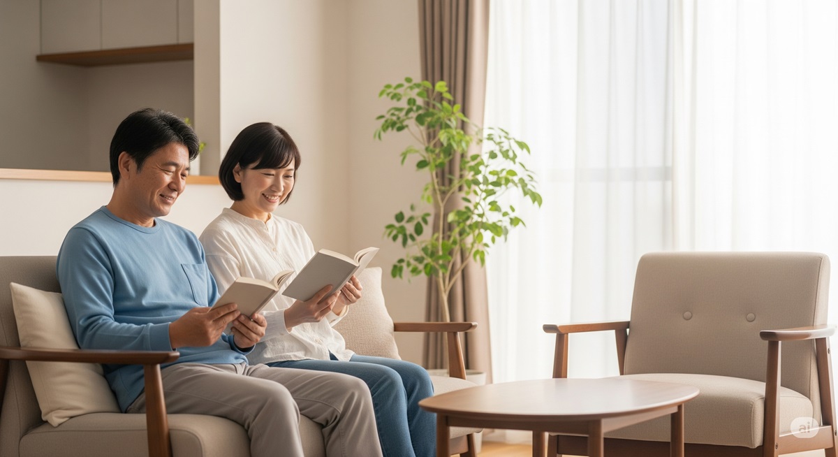50代の日本人夫婦が明るいリビングで仲良く読書を楽しんでいる様子。自然光が差し込む穏やかな雰囲気。