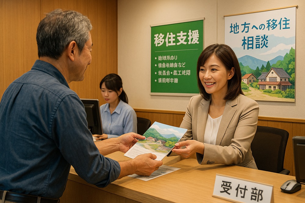 市役所の移住相談窓口で、パンフレットを受け取りながら笑顔で話す50代男性と職員。壁には「移住支援」や「地方への移住相談」の案内ポスターが掲示されている。