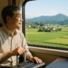 50代の男性が移住先の田園風景を列車の車窓から見つめ、希望に満ちた表情で新しい暮らしを思い描いている様子
