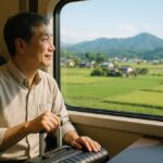 50代の男性が移住先の田園風景を列車の車窓から見つめ、希望に満ちた表情で新しい暮らしを思い描いている様子