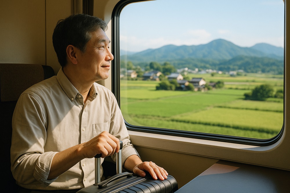50代の男性が移住先の田園風景を列車の車窓から見つめ、希望に満ちた表情で新しい暮らしを思い描いている様子