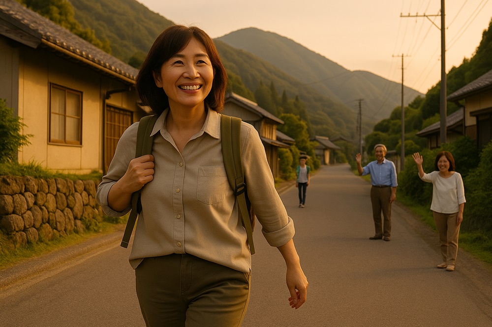 リュックを背負って村に到着した50代女性が、夕暮れの田舎道を笑顔で歩く様子。地域住民たちが温かく迎え入れてくれており、背後には山々と古民家が並ぶ穏やかな風景が広がっている。