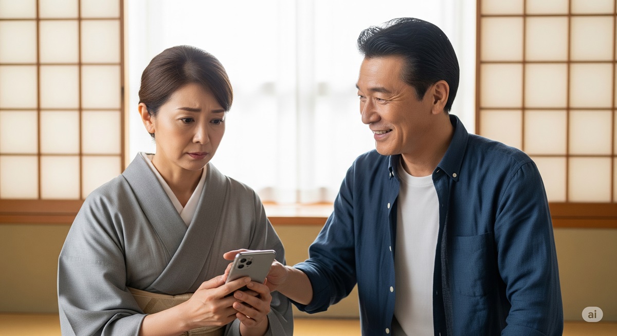 スマートフォンの操作に不安を感じる50代の日本人女性と、それを笑顔で優しくサポートする男性の様子。和室の明るい室内で自然な対話が行われている場面。