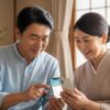 50代の日本人夫婦が自宅でスマートフォンの便利機能を確認している様子。安心して使える雰囲気が伝わるシーン。