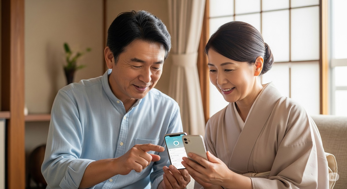 50代の日本人夫婦が自宅でスマートフォンの便利機能を確認している様子。安心して使える雰囲気が伝わるシーン。