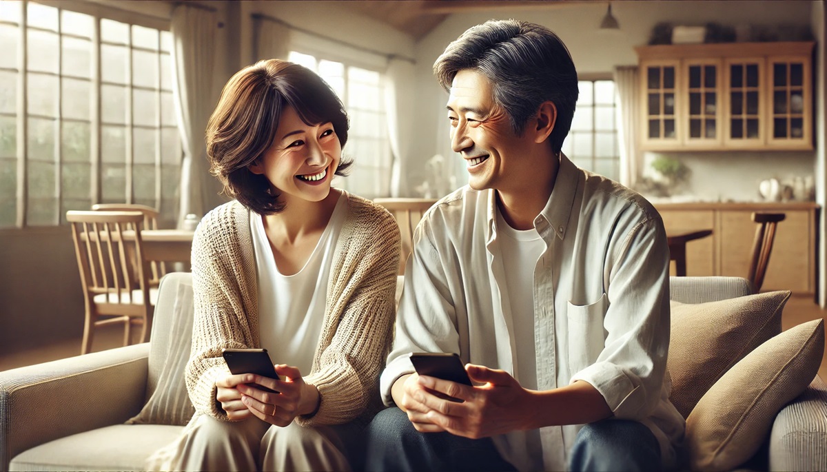 リビングのソファに座り、笑顔でお互いに見つめ合う50代の日本人夫婦。二人ともスマートフォンを手に持ち、楽しげに会話をしている。明るく落ち着いた雰囲気のリビングルームで、温かい光が差し込む中、親しみやすい家庭の一コマを描いている。