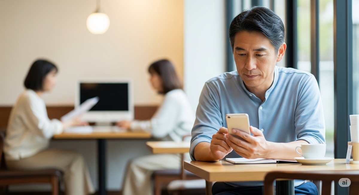 カフェでスマートフォンを操作しながら学習している50代の日本人男性。落ち着いた雰囲気の中で、デジタルスキル習得に取り組む様子が伝わる。