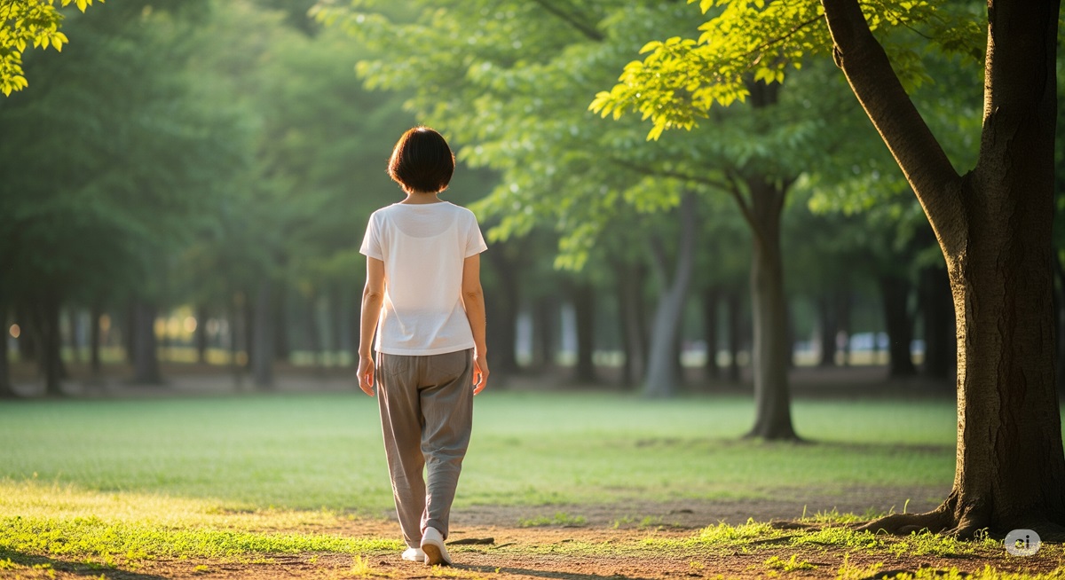 朝の公園をゆっくりとウォーキングする50代の日本人女性の後ろ姿。緑あふれる木陰の中、健康的で穏やかな日課を楽しむ様子が伝わる。