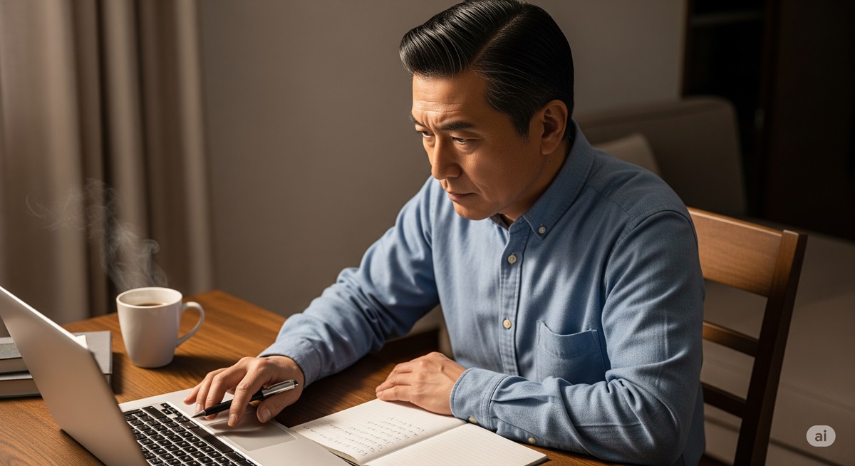 ノートパソコンに向かい、真剣な表情で副業作業に取り組む50代の日本人男性。自宅のデスクで、手元のノートを見ながら計画を立てている様子。