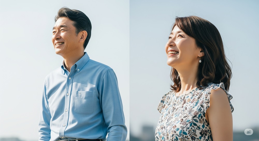 50代の日本人男女が晴れた空の下で微笑んでいる様子。前向きな未来や希望を感じさせる表情が印象的。